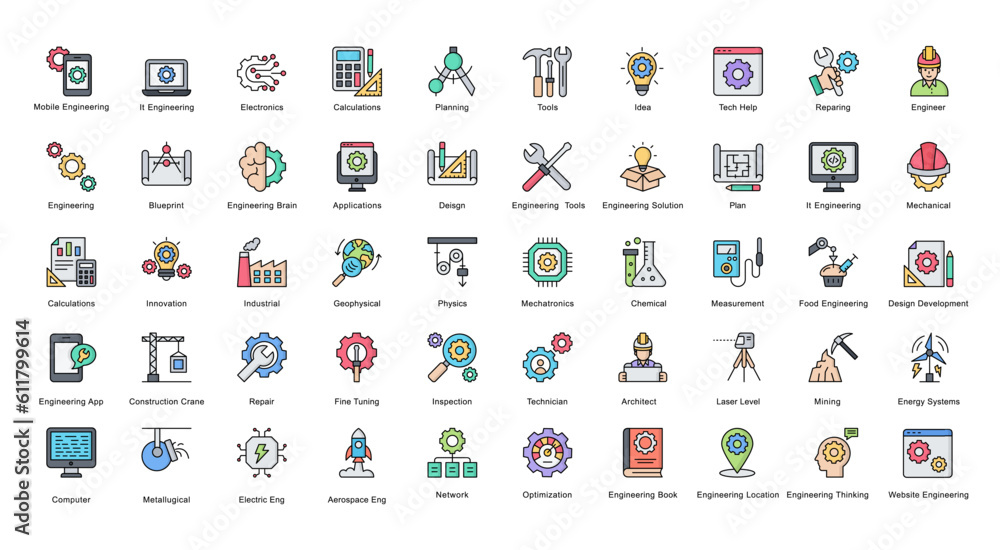 Engineering Line Color Icons Engineer Mechatronics Icon Set in Filled Outline Style 50 Vector Icons Engineering Line Color Icons Engineer Mechatronics Icon Set in Filled Outline Style 50 Vector Icons
