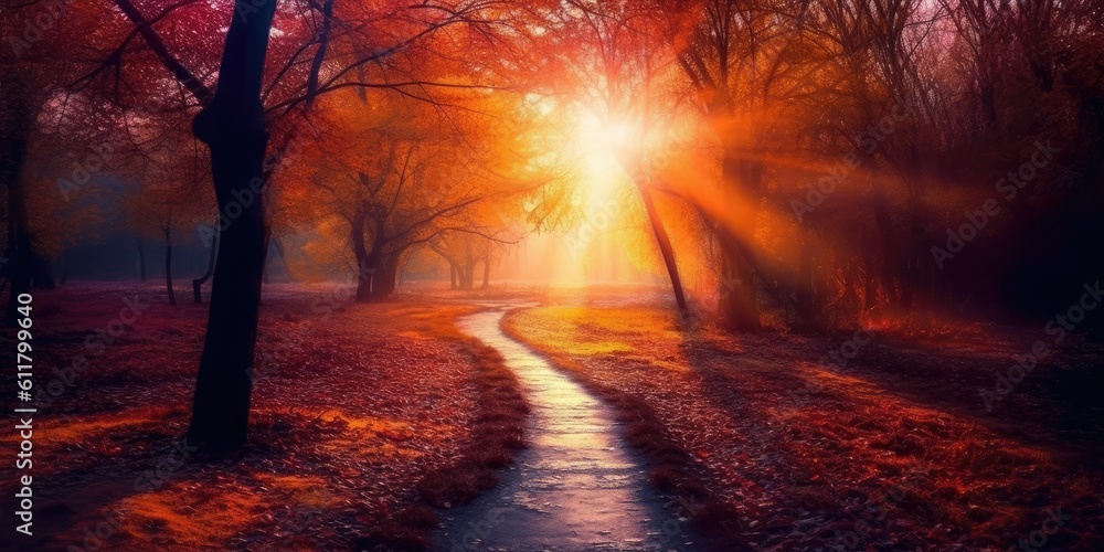 Autumn's Embrace: A Radiant Sunrise Illuminates the Foliage Path  Generative AI Digital Illustration Part#110623