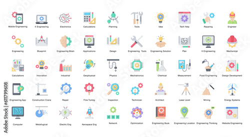 Engineering Flat Icons Engineer Mechatronics Icon Set in Color Style 50 Vector Icons