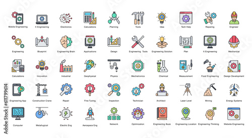 Engineering Line Color Icons Engineer Mechatronics Icon Set in Filled Outline Style 50 Vector Icons