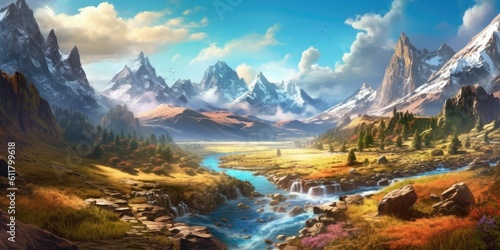 A Nostalgic Journey into Exotic Fantasy Landscapes, Capturing the Majestic Mountain and Serene Creek in the Distance with a Landscape-Focused Approach Generative AI Digital Illustration Part#110623