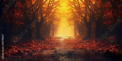 Autumn's Embrace: A Radiant Sunrise Illuminates the Foliage Path Generative AI Digital Illustration Part#110623