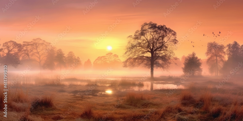 Misty Morning Reverie: Sunrise Illuminating Trees in Enchanting Meadow  Generative AI Digital Illustration Part#110623