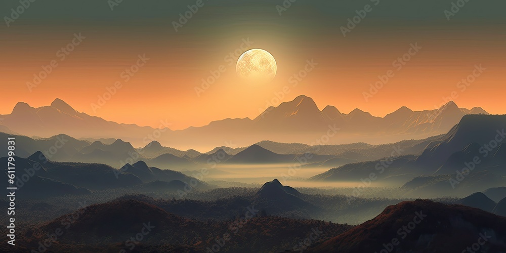 A Whistlerian Panoramic Photo-Realistic Landscape of Sunrise Over Mountains, Bathed in Light Amber and Silver, With Sun and Moon  Generative AI Digital Illustration Part#110623