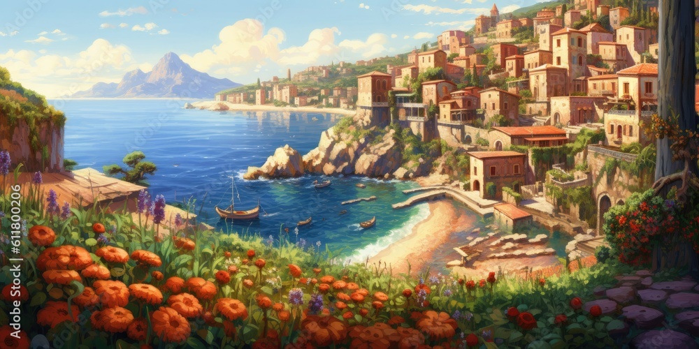 A Blooming Haven: Town, Beach, and Cliffs in Exotic Splendor  Generative AI Digital Illustration Part#110623