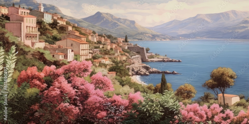 Glimpses of Coastal Serenity: Italian Village and Turquoise Seas  Generative AI Digital Illustration Part#110623