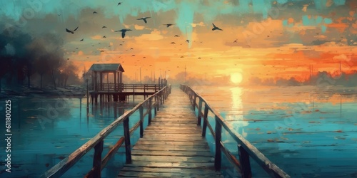 Whispers of the Evening: A Serene Sunset at the Wooden Dock Generative AI Digital Illustration Part#110623