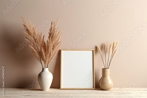 a photo frame and a vase filled with dried twigs. mockup of daylight. Generative AI