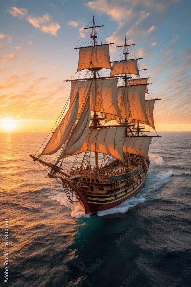 Warm Glow Of A Golden Sunset Majesty Sets Sail Upon Azure Waves  Generative AI Digital Illustration Part#110623