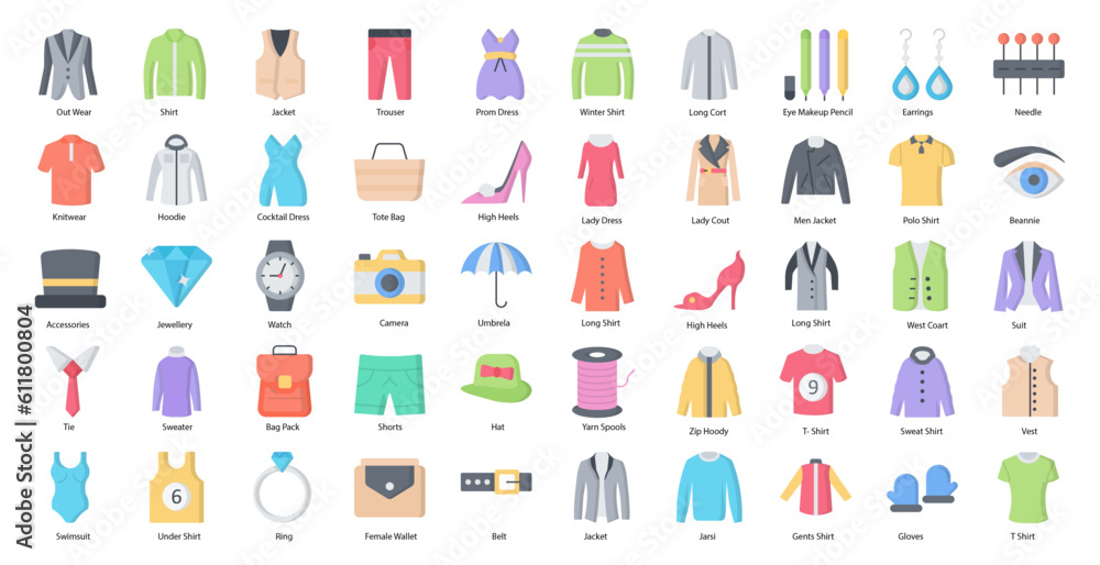 Fashion Flat Icons Clothing Clothes Dress Iconset in Color Style 50 Vector Icons