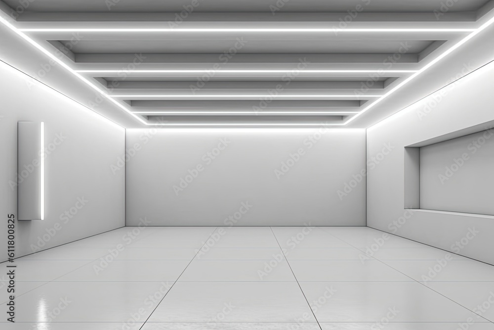 Interior of an abstract white room with white-glow neon lamps. Background of futuristic architecture. White Box with a concrete wall that is empty. for your design project, a mockup. Generative AI Interior of an abstract white room with white-glow neon lamps. Background of futuristic architecture. White Box with a concrete wall that is empty. for your design project, a mockup. Generative AI