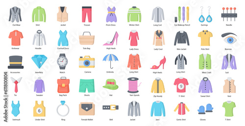 Fashion Flat Icons Clothing Clothes Dress Iconset in Color Style 50 Vector Icons