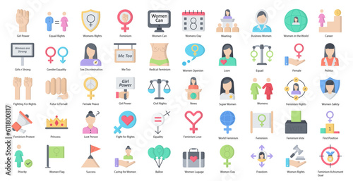 Feminism Flat Icons Woman Gender Equality Iconset in Color Style 50 Vector Icons