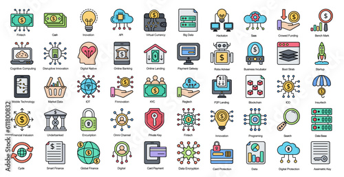 Fintech Line Color Icons Finance Technology API Filled Outline Icons