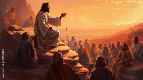 Jesus speaking by parables. Bible story. Painting illustration, generative ai. photo