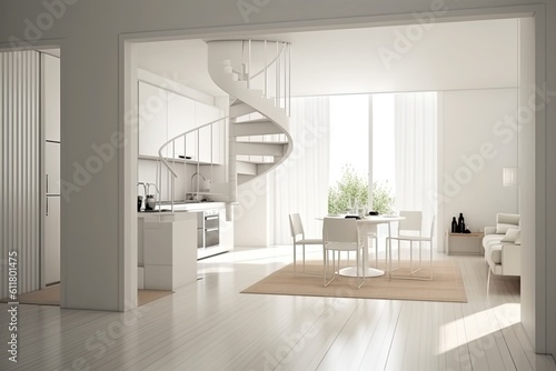 Interior design, architect designer concept, white folding door opening on modern minimalist open area with kitchen and mezzanine with bedroom, spiral staircase, Generative AI photo