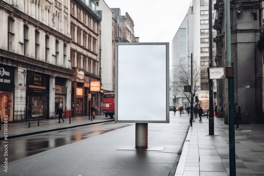 a white empty blank canvas poster screen sign for ads in a city on a street. Generative AI