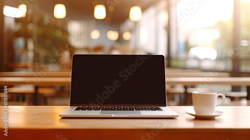 Wallpaper Mural A bokeh background shows a laptop with a white blank screen on a wooden table in a contemporary office. Generative AI Torontodigital.ca