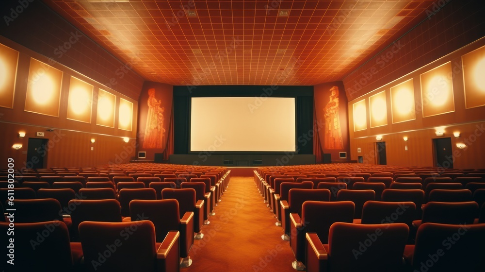 a empty futuristic cinema auditorium hall with curtains and a white empty blank screen. Generative AI a empty futuristic cinema auditorium hall with curtains and a white empty blank screen. Generative AI