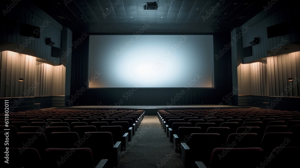 a empty futuristic cinema auditorium hall with curtains and a white empty blank screen. Generative AI a empty futuristic cinema auditorium hall with curtains and a white empty blank screen. Generative AI