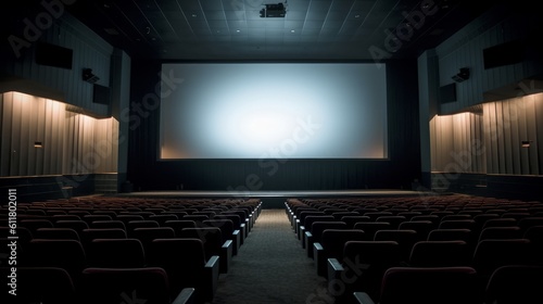 a empty futuristic cinema auditorium hall with curtains and a white empty blank screen. Generative AI