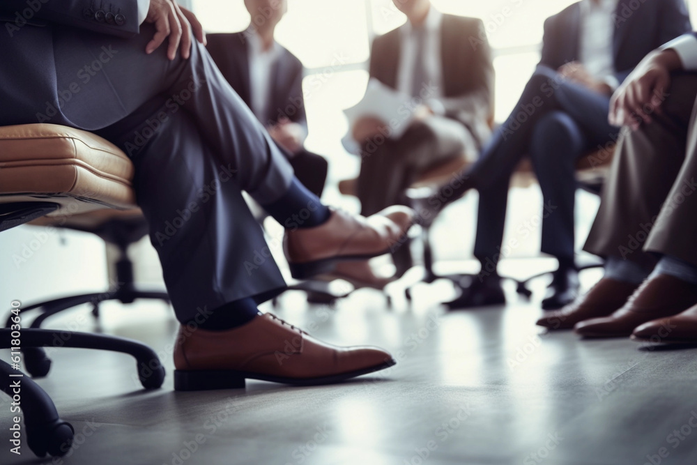 Right ankle View of Business Coach Facing a Group of sitting People Right ankle View of Business Coach Facing a Group of sitting People