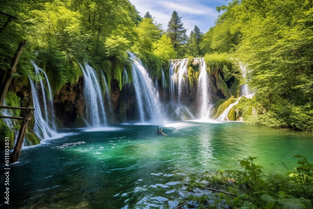 Plitvice Lakes landscape, created using AI generative technology Plitvice Lakes landscape, created using AI generative technology