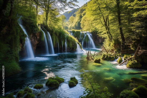 Plitvice Lakes landscape, created using AI generative technology 