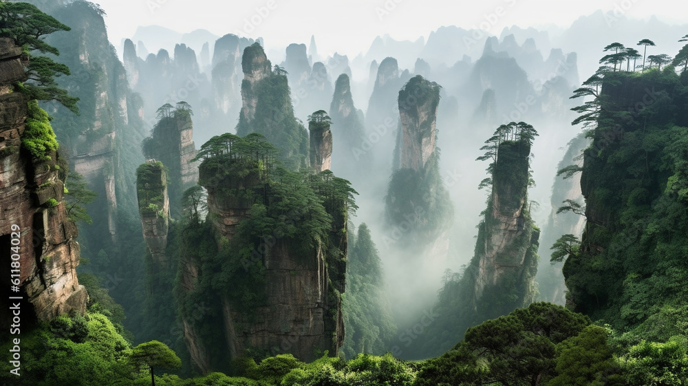 Fototapeta premium Tianzi rock formation landscape created using AI generative technology 