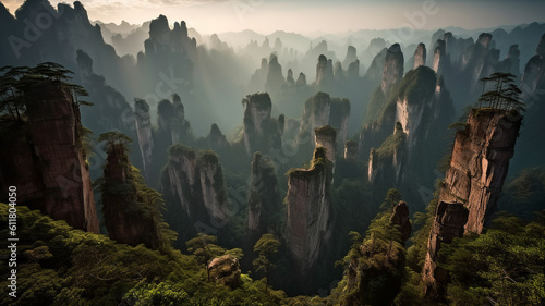 Tianzi rock formation  landscape created using AI generative technology  