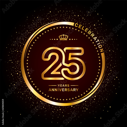 25 year anniversary logo with double line number style and gold color ring, logo vector template