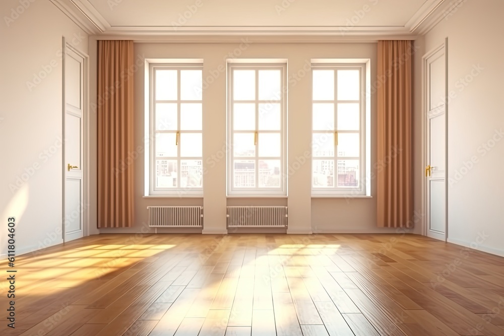 Obraz premium Interior of an empty room with two wooden-framed windows, white walls, and a wooden floor. Design for a new house. a mockup Generative AI