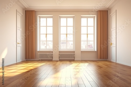 Interior of an empty room with two wooden-framed windows, white walls, and a wooden floor. Design for a new house. a mockup Generative AI