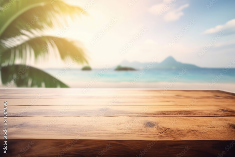 A wooden table set against a stunning ocean horizon, providing a serene and relaxing atmosphere. Generative AI. A wooden table set against a stunning ocean horizon, providing a serene and relaxing atmosphere. Generative AI.