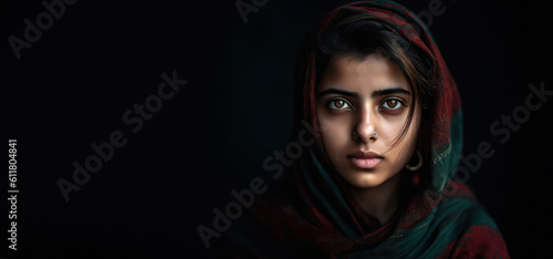 Portrait of a beautiful young girl in traditional ethnic Pakistani or Indian costume. Isolated on flat black background with copy space. Young Muslim girl in hijab. Generative AI photo.