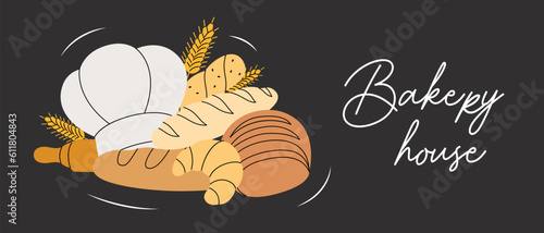 Bread blackboard banner for bakery shop. Bakery shop collection. Wheat bread, pretzel, ciabatta, croissant, french baguette.