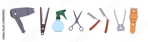 Barber shop set. Barber shop and hairdresser tools silhouette. Hair straightener, dryer, spray bottle, scissors, sharp razor blade, hair clipper.