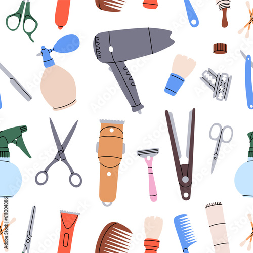 Barber shop pattern. Hairdresser seamless background. Barber shop tools. Hairdresser tools banner.