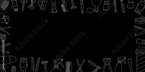 Hairdressing tool kit. Barber shop horizontal outline banner. Barber pole, razor blade, hair clipper, scissors, comb, dryer, spray bottle.