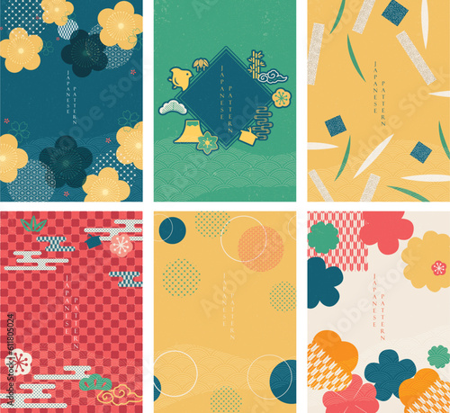 Japanese template vector. Line pattern in Asian style  with Chinese sea in oriental arts. Flower element and geometric background.