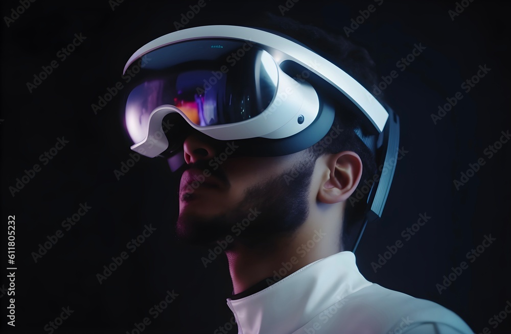 Man wearing VR AR headset, Goggles, Vision, Generative AI Man wearing VR AR headset, Goggles, Vision, Generative AI
