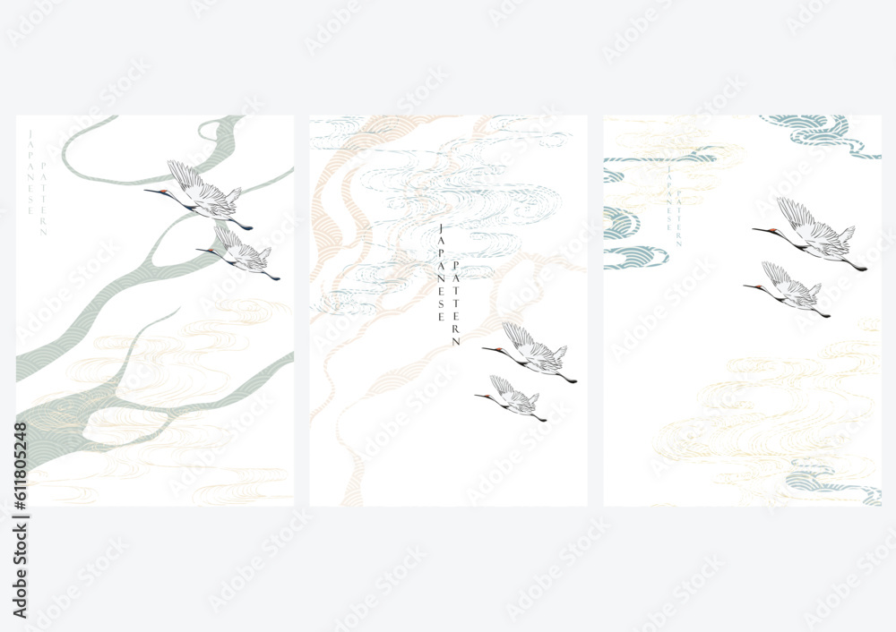 Crane birds with Japanese pattern vector. Geometric background with hand draw wave elements. Crane birds with Japanese pattern vector. Geometric background with hand draw wave elements.