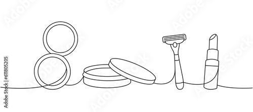 Makeup tools one line continuous drawing. Cosmetic makeup powder, cream jar, safety razor, lipstick continuous one line illustration.