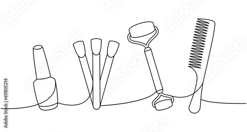 Beauty tools one line continuous drawing. Nail polish, nail polish palette, massage roller, hair comb continuous one line illustration.