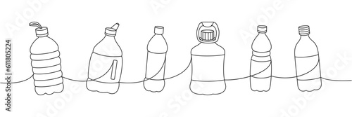 Plastic bottles one line continuous drawing. Empty plastic bottles continuous one line illustration. Vector linear illustration.