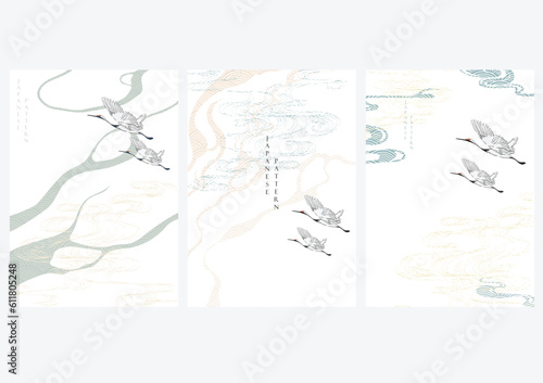 Crane birds with Japanese pattern vector. Geometric background with hand draw wave elements.