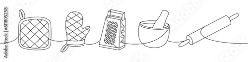 Kitchen utensils one line continuous drawing. Kitchen mitten, cooking glove, hand steel grater, mortar, rolling pin continuous one line illustration.