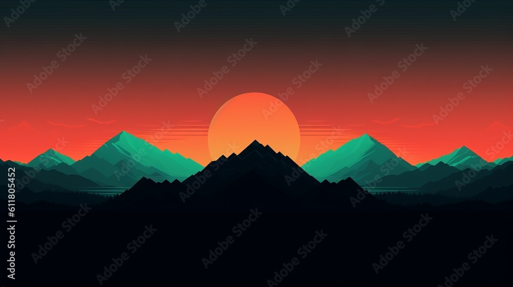 A minimalist nature background with mountains and sun. Generative AI. 