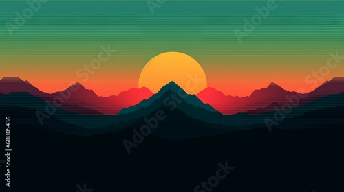 A minimalist nature background with mountains and sun. Generative AI. 