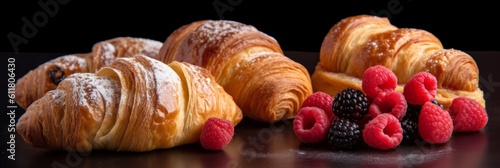 a photo of french viennoiserie breakfast with freshly baked croissants and berries. aspect ratio 3:1. Generative AI